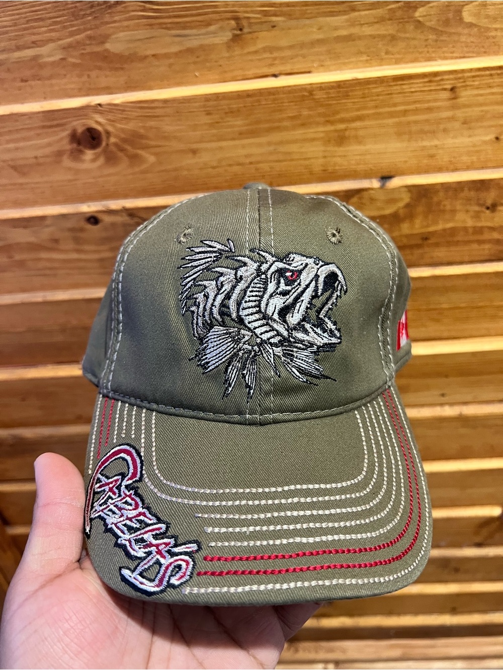 Cabela's Olive Green Baseball Cap Embroidered Fish Skeleton Design